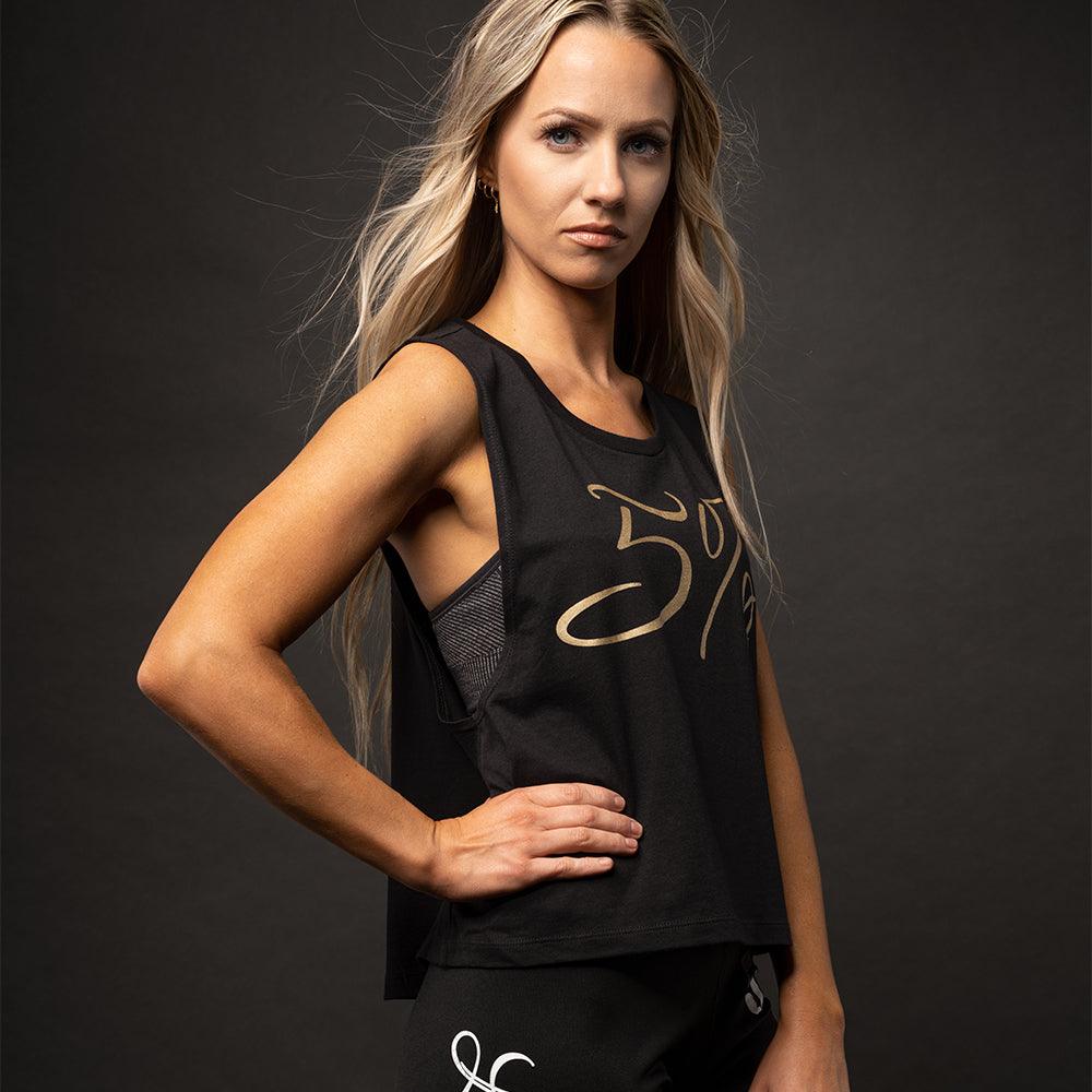 5%, Women's Cropped Black Tank with Gold Lettering
