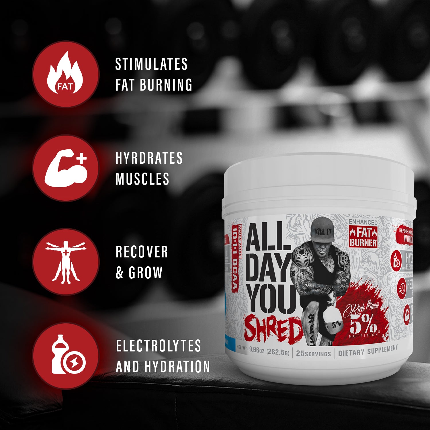 All Day You Shred fat burner supplement with muscle hydration and recovery benefits, gym background