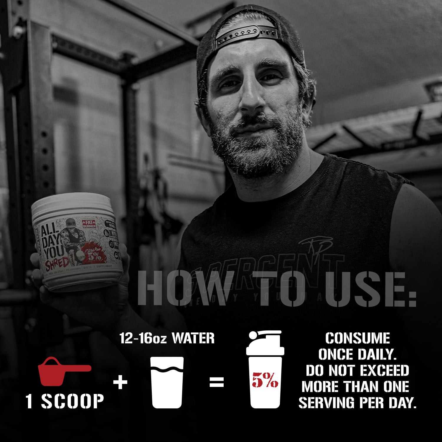 Man holding fat burner supplement tub with usage instructions: 1 scoop + water, consume once daily