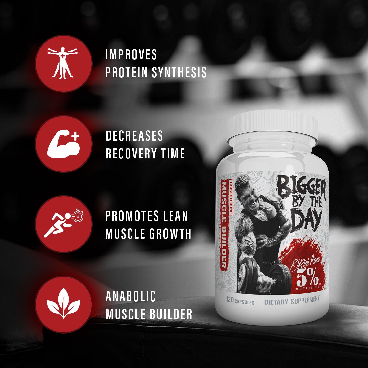 Bigger By The Day muscle builder supplement bottle with gym background, promotes lean growth and faster recovery