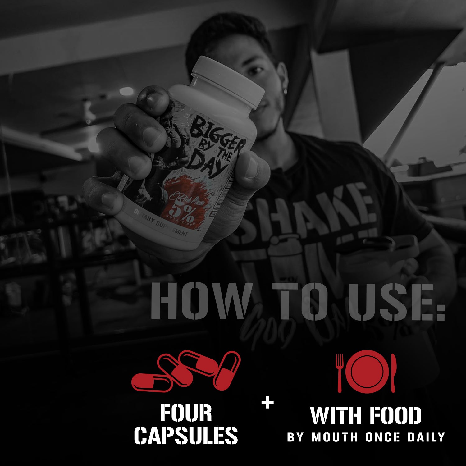 Man holding Bigger By The Day supplement bottle, instructions: four capsules with food daily