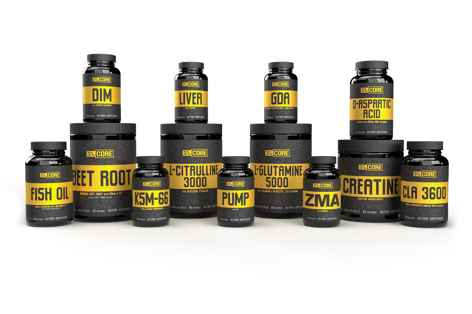 5% Core series dietary supplements including Creatine, Fish Oil, and Pre-Workout formulas for muscle gain and recovery