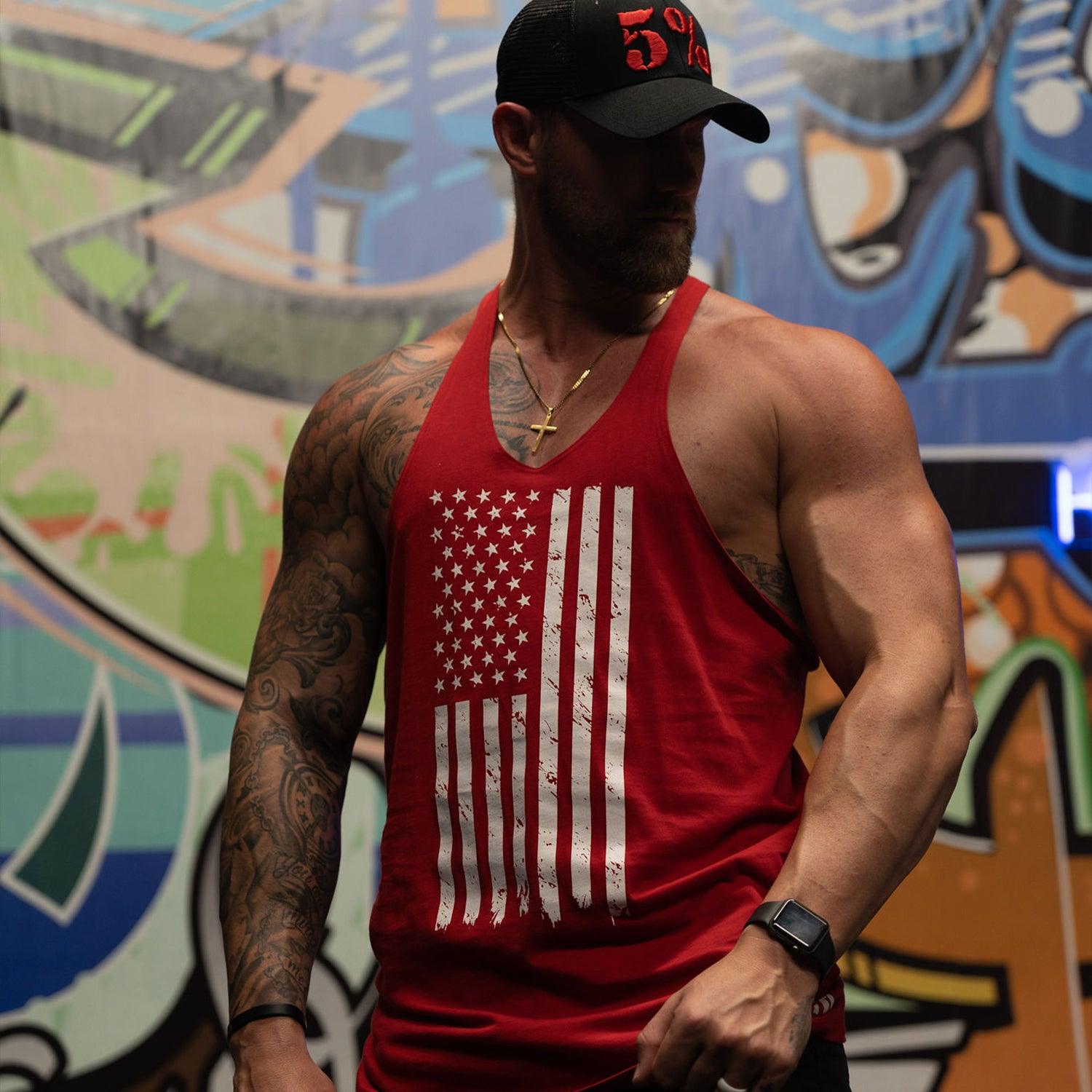5% Flag, Red Stringer Tank with white Lettering