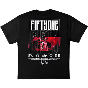 Black t-shirt with 'FIFTHONE FIFTY' graphic, red muscle image, 5% mentality quote, and Rich Piana signature