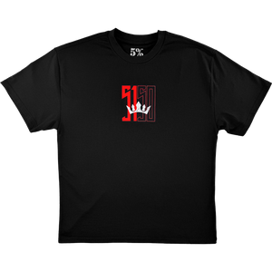 Black fitness tee with bold red '5150' graphic and white crown, featuring 5% logo on collar