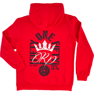 Red hoodie with bold 'ONE' and crown graphic, fitness apparel for gym and training