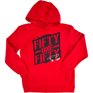 Red hoodie with 'FIFTY ONE FIFTY' graphic and Rich Piana signature, fitness apparel for gym and training