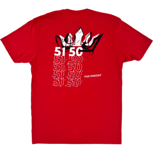Red t-shirt with bold 51 50 crown graphic and 'FIVE PERCENT' text, fitness apparel design