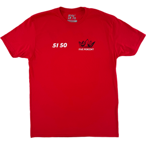 Red 51 50 graphic tee with Five Percent crown logo, bold fitness apparel for gym and training