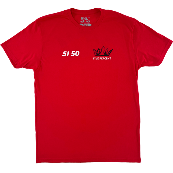 Red 51 50 graphic tee with Five Percent crown logo, bold fitness apparel for gym and training