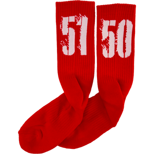 Red athletic socks with bold white '51' and '50' numbers, ribbed texture, gym or training wear