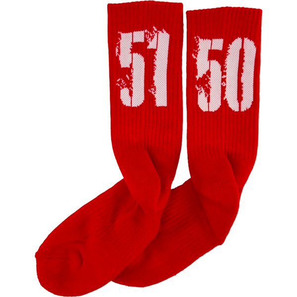 Red athletic socks with bold white 
