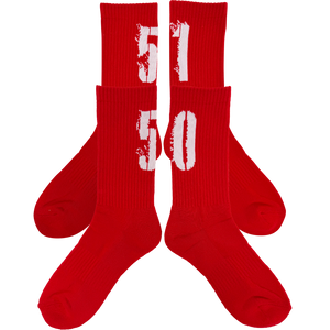 Red athletic socks with bold white '51' and '50' graphics, ribbed texture, gym-ready style