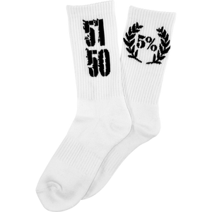 White crew socks with bold 5150 and 5% laurel wreath graphics, fitness apparel for gym and training