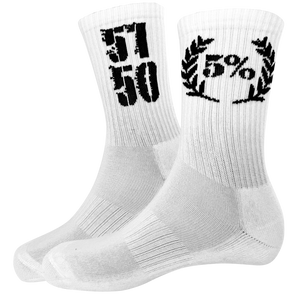 White crew socks with bold black 5% logo and laurel wreath design, fitness apparel for gym and training