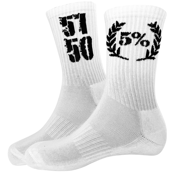 White crew socks with bold black 5% logo and laurel wreath design, fitness apparel for gym and training