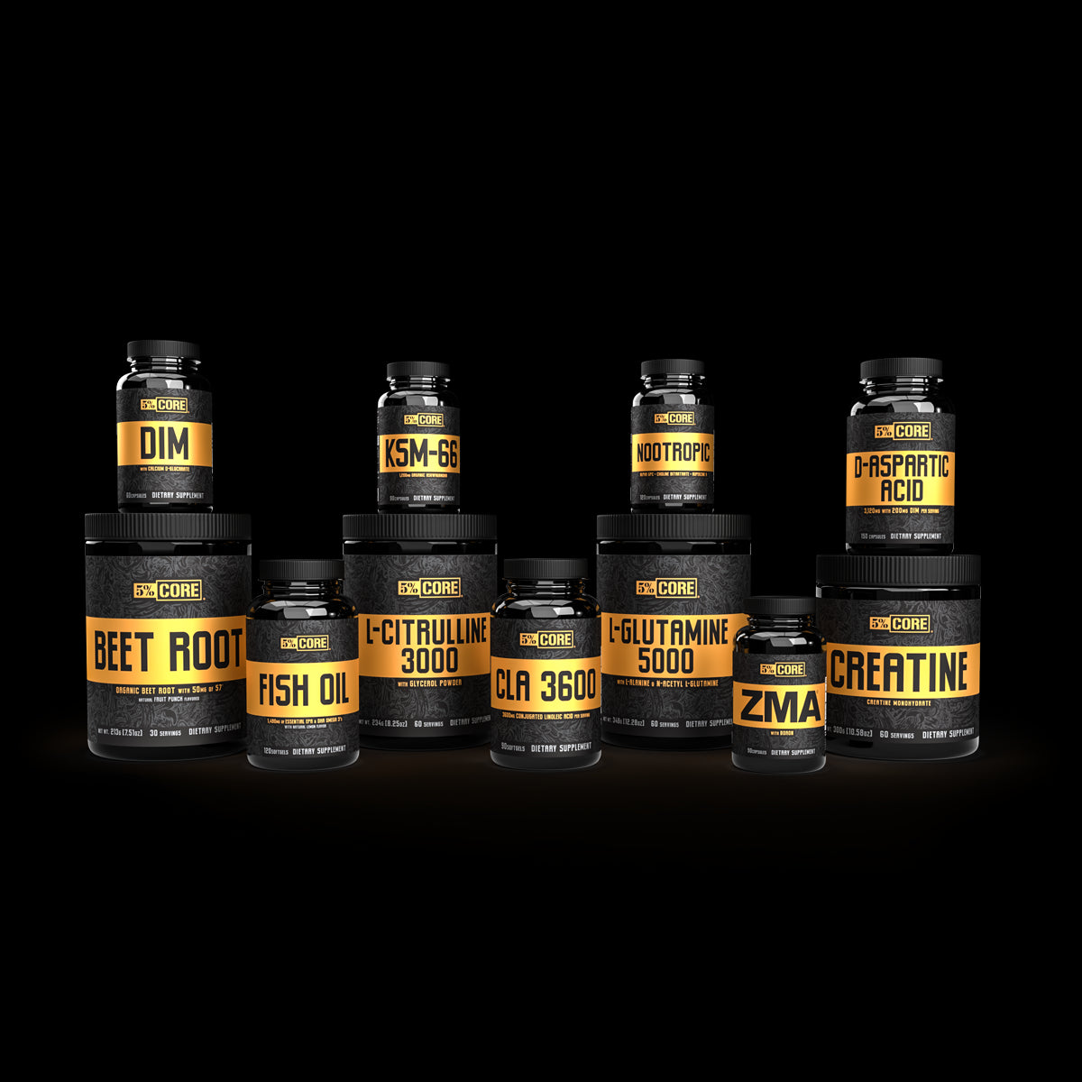 5% Core supplement lineup including Creatine, Fish Oil, CLA 3600, and L-Glutamine on black background